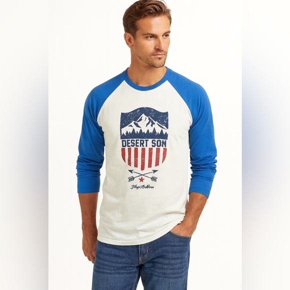 Desert Son White and Blue Vintage Baseball T-Shirt NWOT - Picture 1 of 6